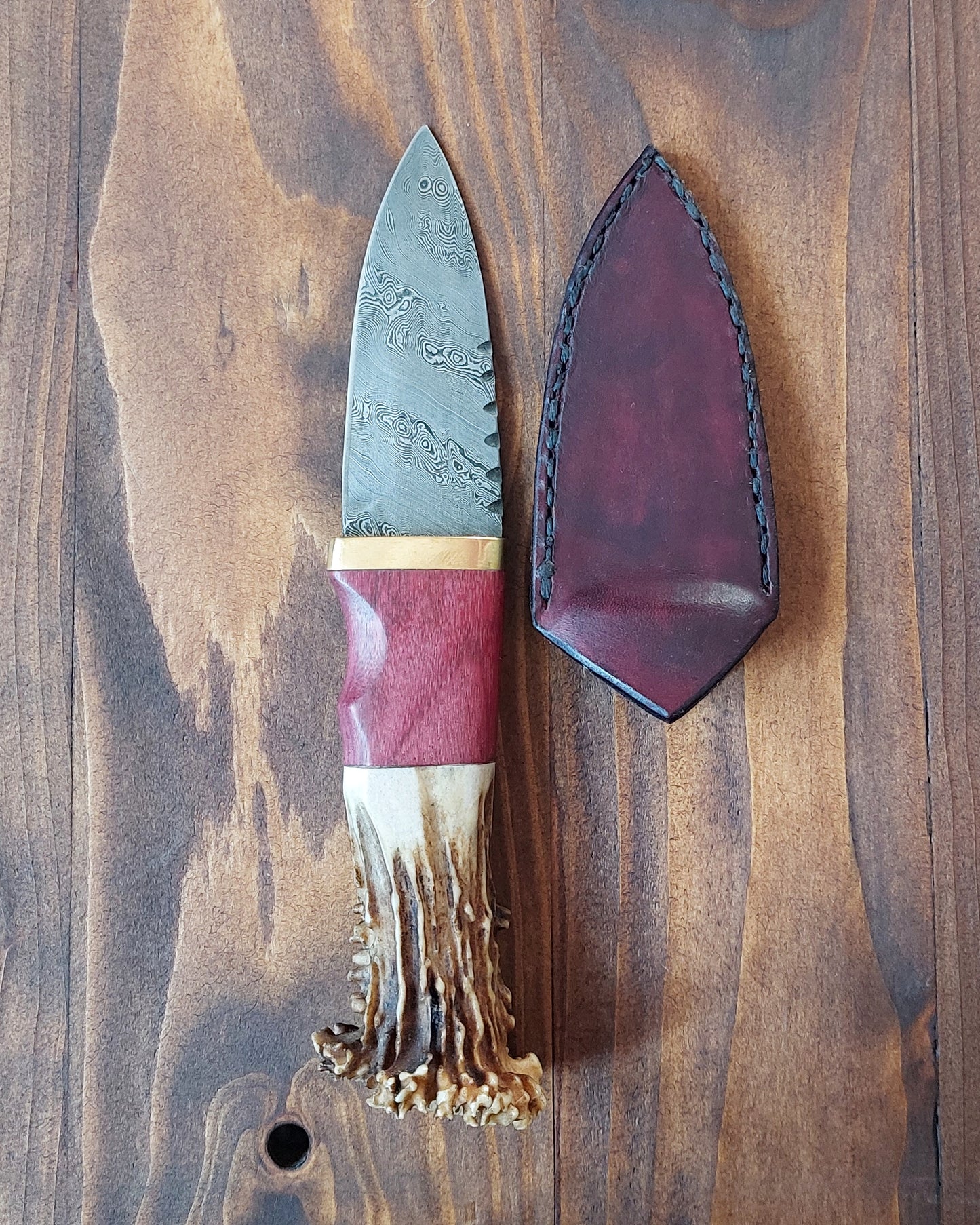 Damascus Sgian Dubh - 240 layer Twist - Purpleheart, Brass & Antler Handle.