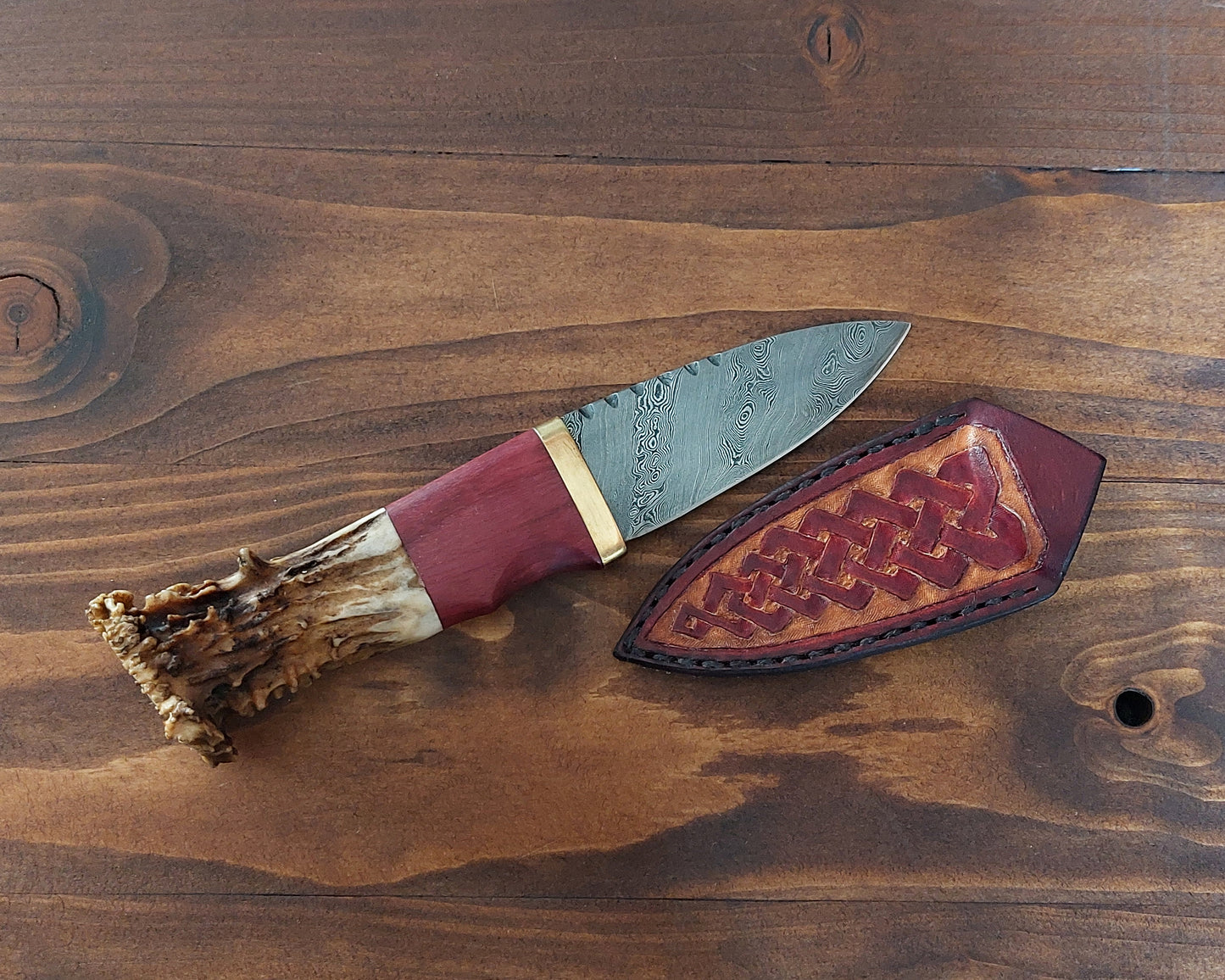 Damascus Sgian Dubh - 240 layer Twist - Purpleheart, Brass & Antler Handle.
