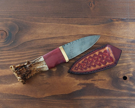 Damascus Sgian Dubh - 240 layer Twist - Purpleheart, Brass & Antler Handle.