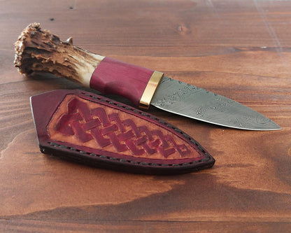 Damascus Sgian Dubh - 240 layer Twist - Purpleheart, Brass & Antler Handle.