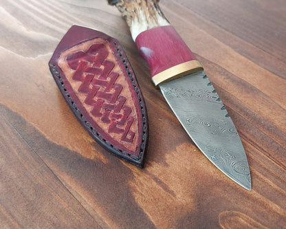 Damascus Sgian Dubh - 240 layer Twist - Purpleheart, Brass & Antler Handle.