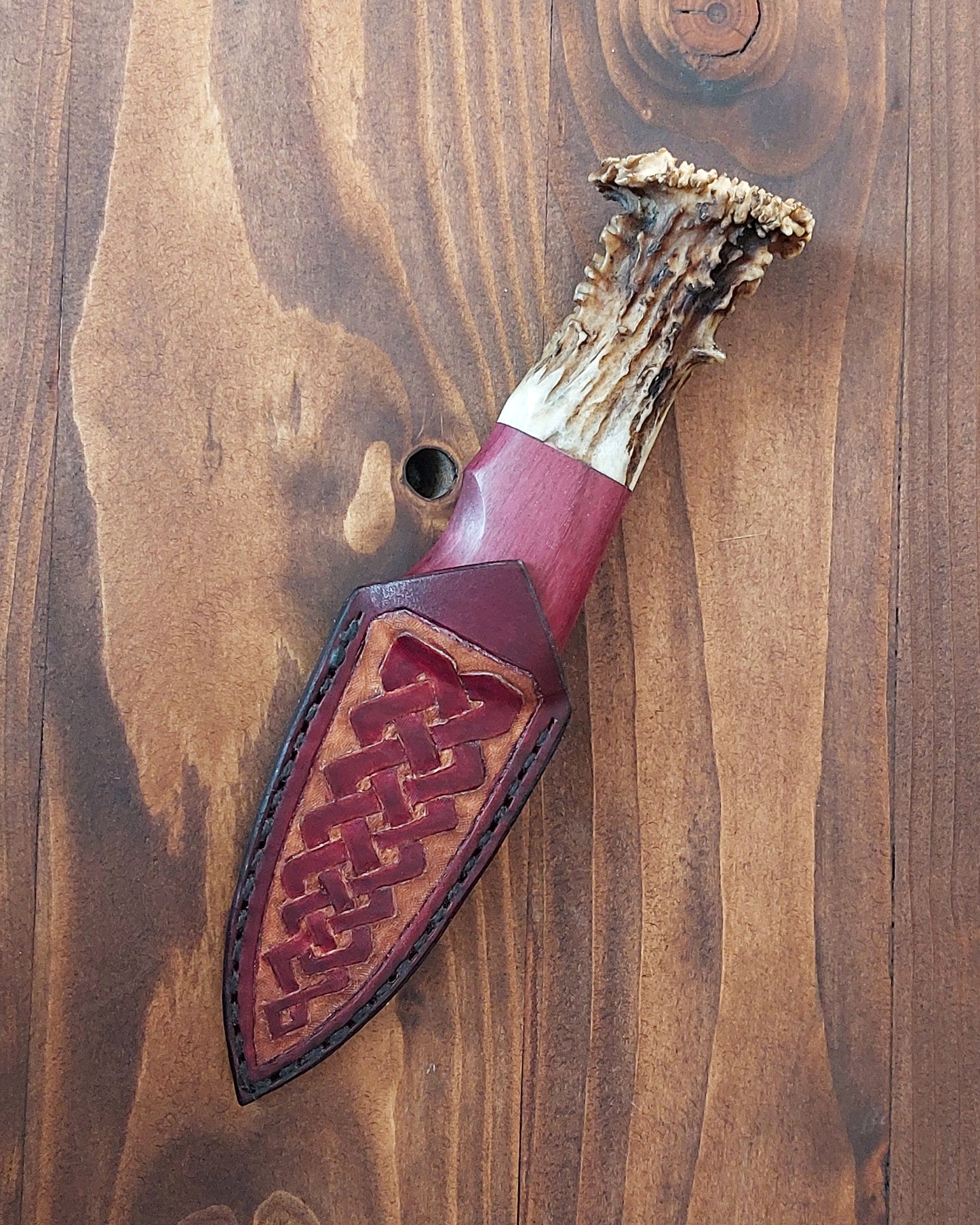 Damascus Sgian Dubh - 240 layer Twist - Purpleheart, Brass & Antler Handle.