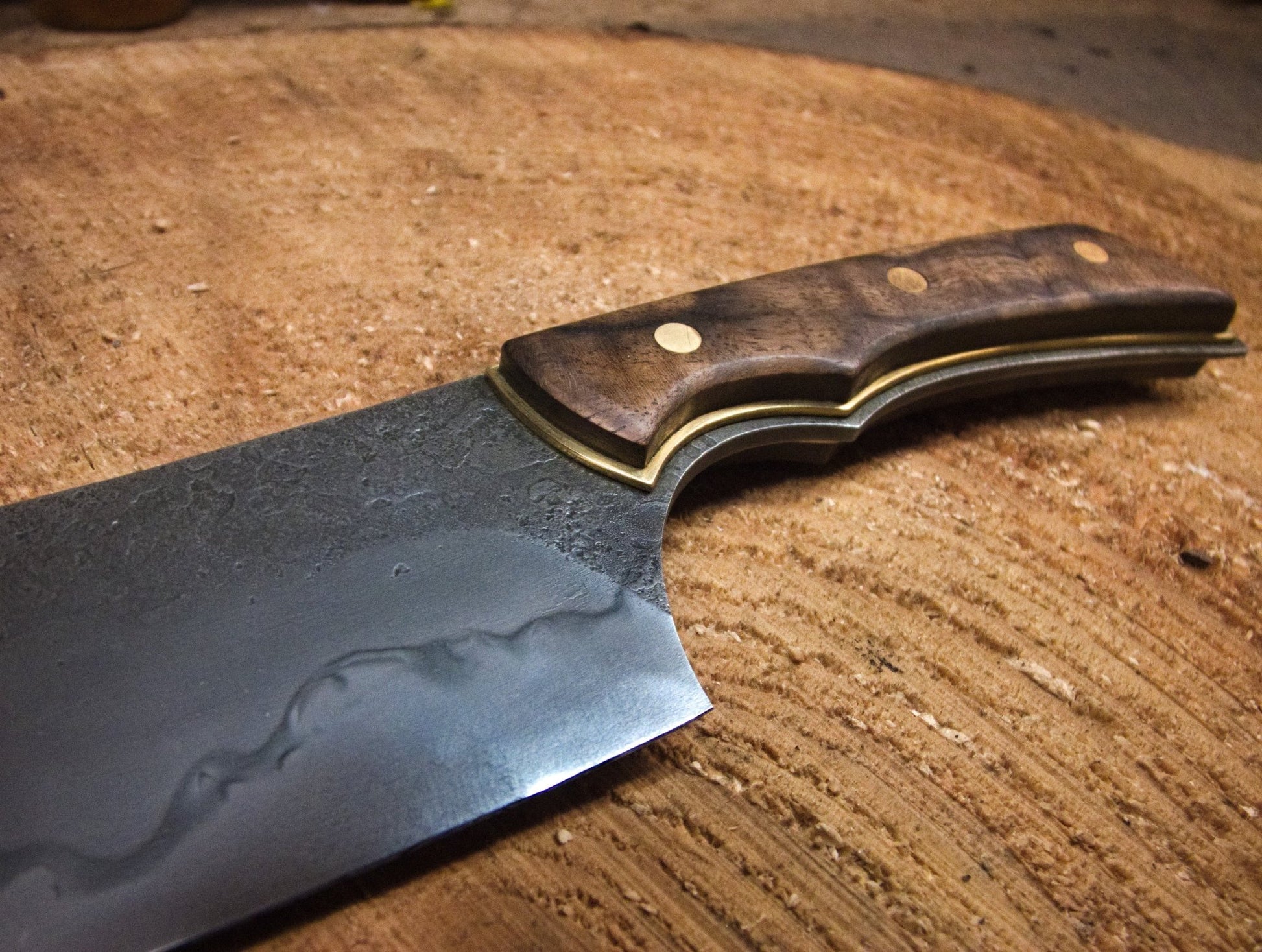 Forged Kitchen Cleaver with Hamon - 26c3 Steel - Walnut & Brass Recessed Handle Scales - The Iron Haggis - Kitchen Knife