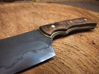 Forged Kitchen Cleaver with Hamon - 26c3 Steel - Walnut & Brass Recessed Handle Scales - The Iron Haggis - Kitchen Knife